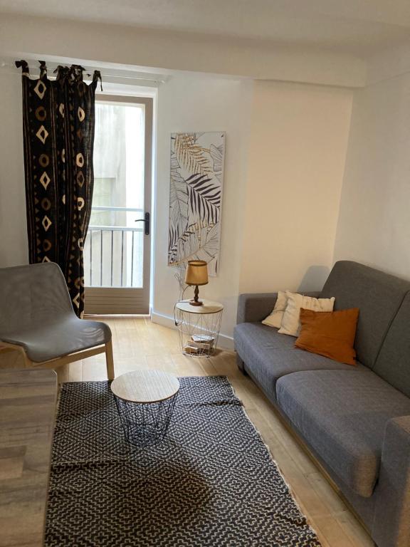 een woonkamer met een bank en een raam bij Studio Place Massena in Nice