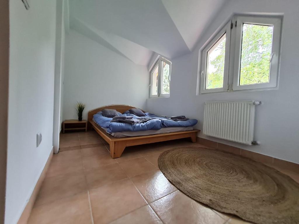 1 dormitorio con 1 cama en una habitación con ventanas en U Stóp Czantorii Apartament en Ustroń