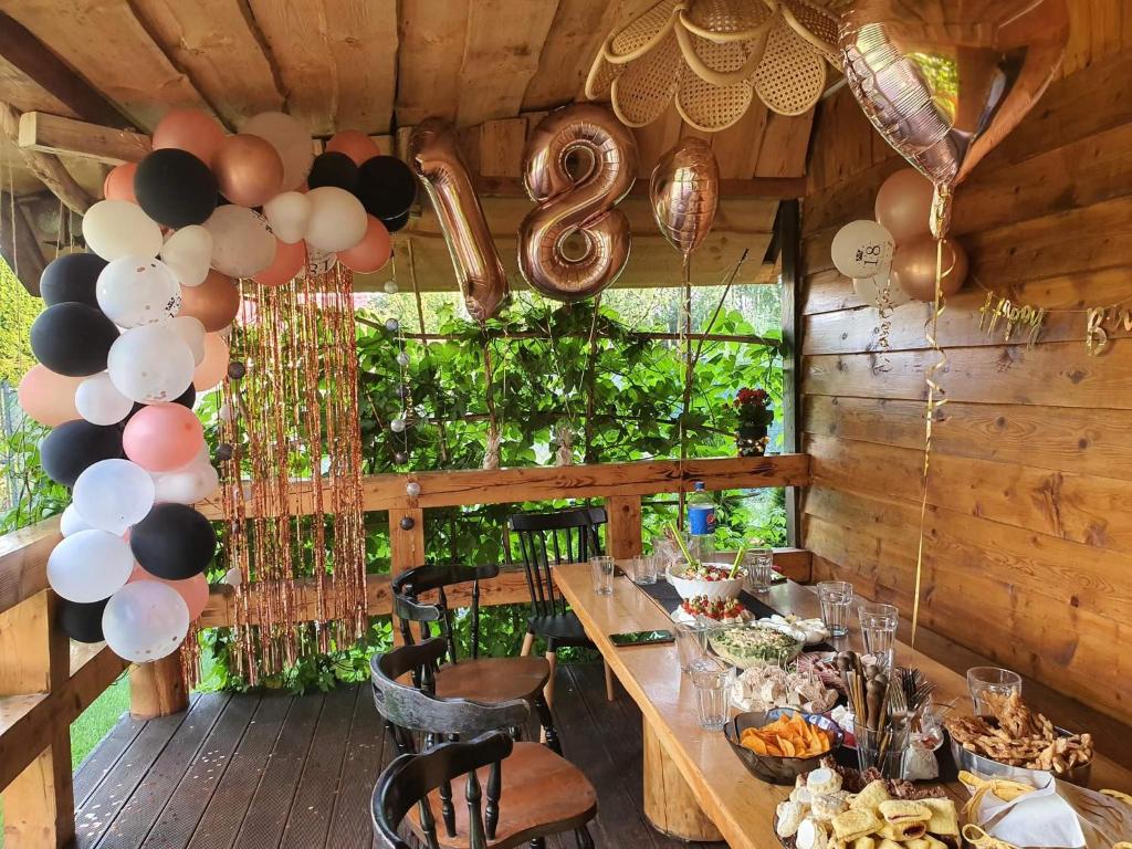 普熱梅希爾的住宿－Pod Milanem，一个带长桌和气球的房间