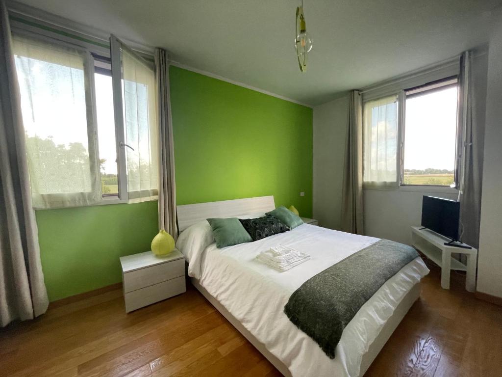 ein grünes Schlafzimmer mit einem Bett und einem TV in der Unterkunft MalaMù BnB Eventi in Rigosa