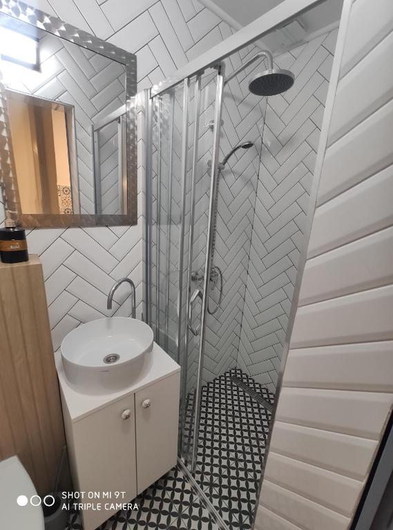 a bathroom with a shower and a sink at Room Angel in Petrovaradin