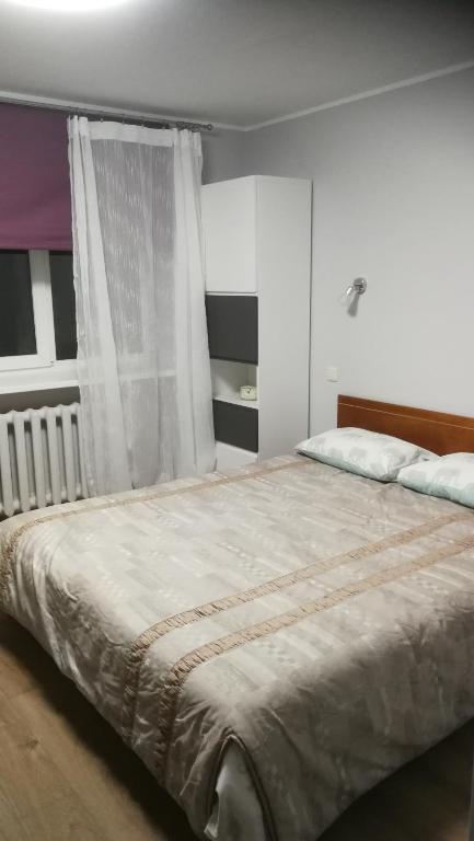 um quarto com uma cama grande e uma janela em Studio nearby the Kalnciema quarter em Riga