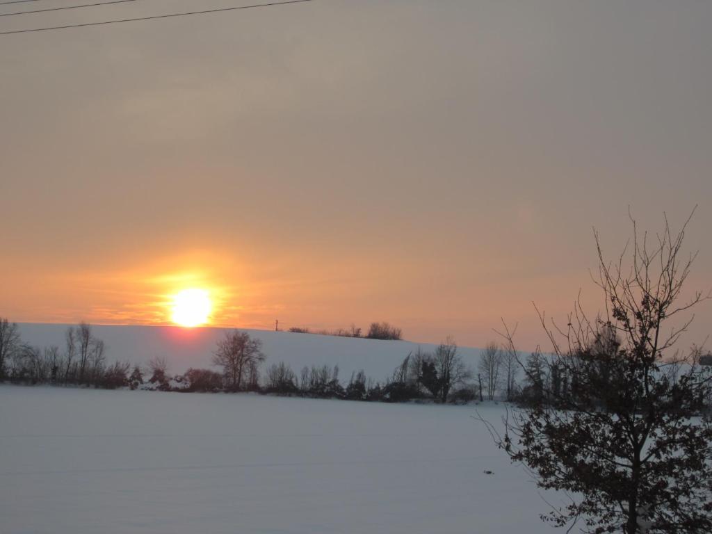 una puesta de sol sobre un campo nevado con el sol en el cielo en B&B La Gatta, en Vignale