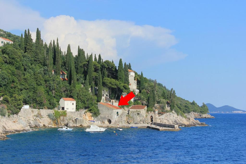 mała wyspa w wodzie z czerwoną flagą w obiekcie Seaside holiday house Trsteno, Dubrovnik - 9017 w mieście Zaton