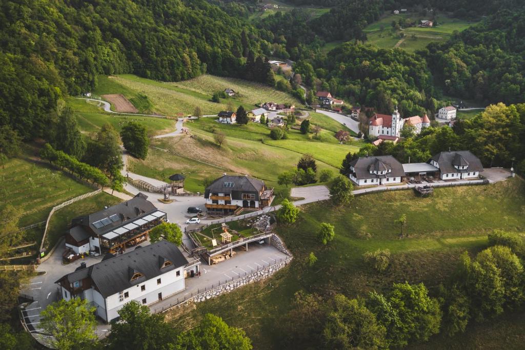 eine Luftansicht eines Hauses auf einem Hügel in der Unterkunft Guesthouse Jelenov greben in Podčetrtek