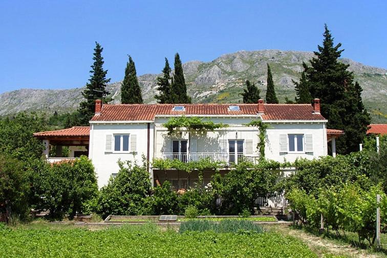 a large white house with trees and mountains in the background at Apartments with a parking space Srebreno, Dubrovnik - 9028 in Mlini