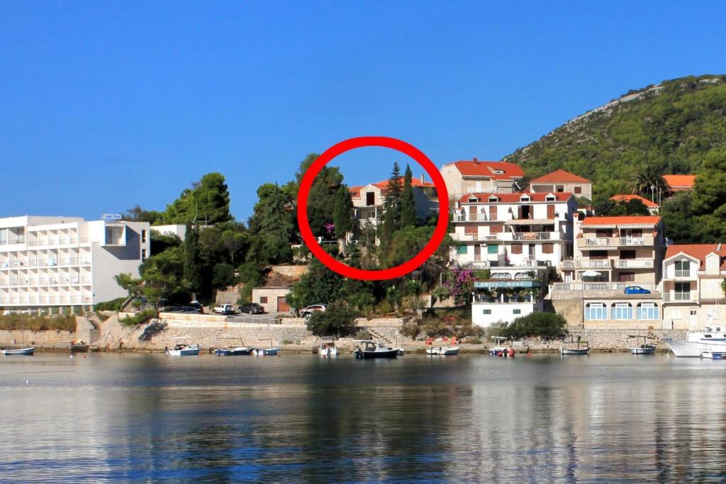 Apartments by the sea Brna, Korcula - 9139 في برنا: حلقة حمراء في وسط جسم ماء