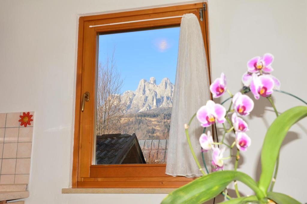 a window with a view of a mountain at Dolomitohouse PEZ in Fiera di Primiero