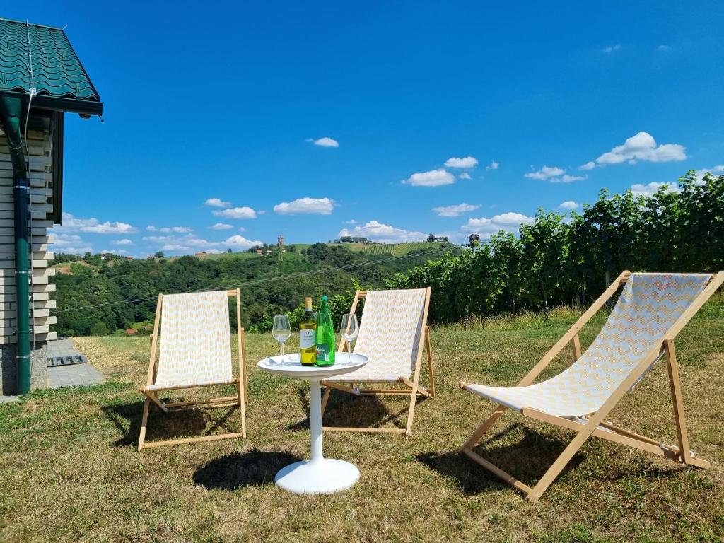 2 chaises et une table avec des boissons dans l'établissement Kuća za odmor MUŠKAT, à Štrigova