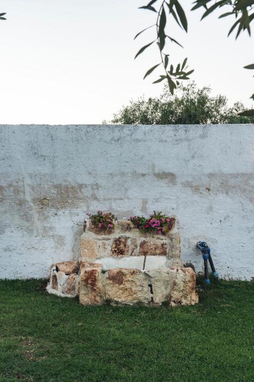 a stone bench sitting in the grass next to a wall at Masseria della Piana in Villanova di Ostuni