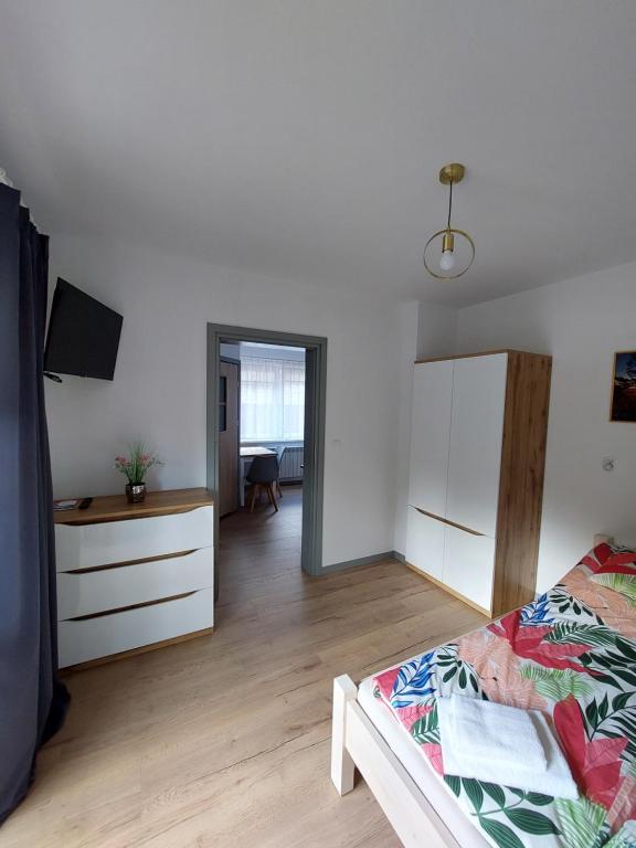 a bedroom with a bed and a dresser and a television at Pokój studio z balkonem in Grywałd