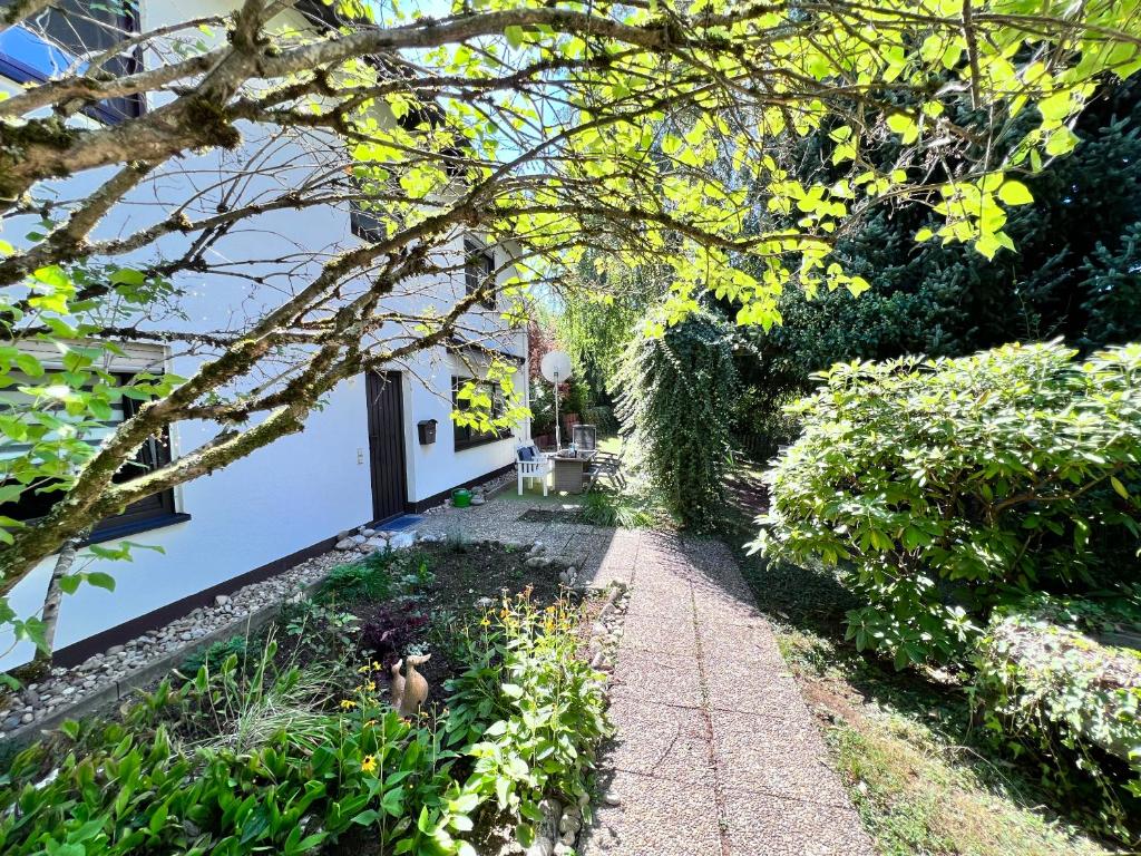 a garden with a sidewalk next to a white building at Julia in Gernsbach