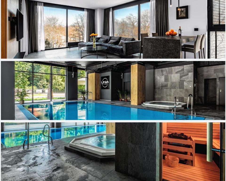 un collage di due foto di una casa con piscina di PLATiNIUM RESIDENCE&SPA BASEN-SAUNA CENTRUM a Lublino