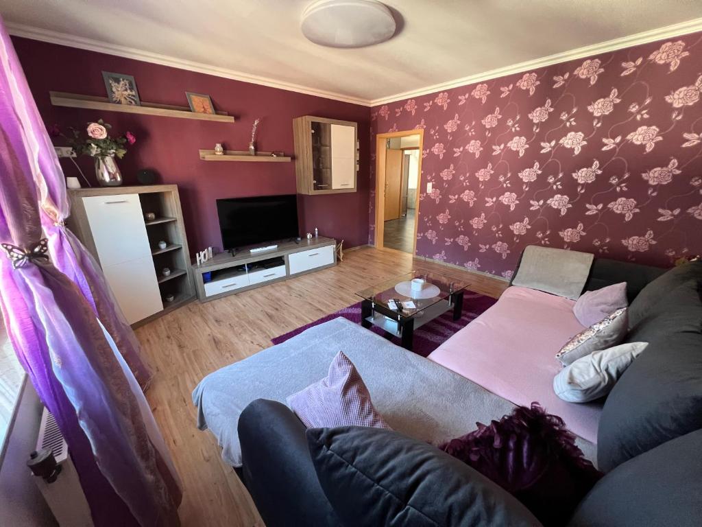 ein Wohnzimmer mit einem Sofa und einem TV in der Unterkunft Schöne 3 Zimmer Wohnung in Oberwesel