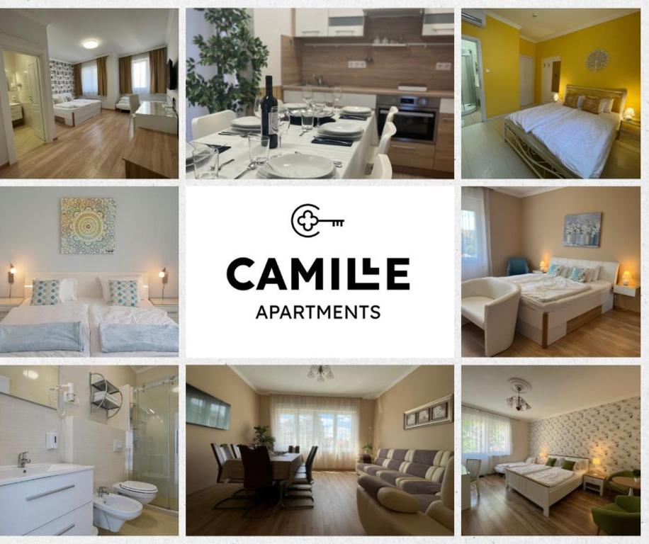 a collage of pictures of a living room and bedroom at Camille Apartmanhouse in Budapest