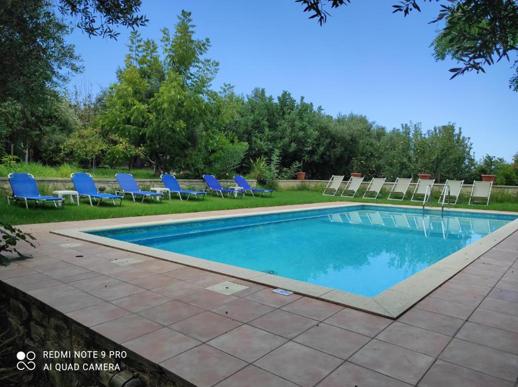 a swimming pool with lounge chairs and a swimming pool at Villa Koulouridi Agritourism in Daratso