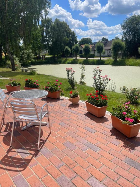 a brick patio with a table and chairs and flowers at Fewo am Teich in Laage