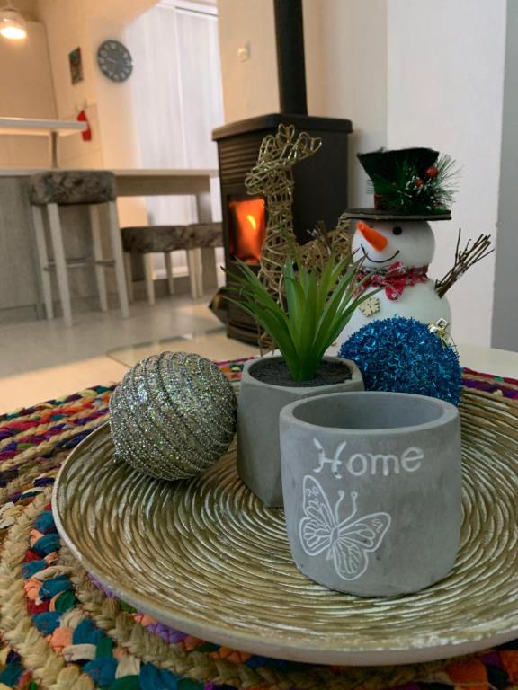 ein Tisch mit einer Platte mit einigen Pflanzen und einem Schneemann in der Unterkunft Apartmani Šišava apt "HARMONY" Vlašić in Vlasic
