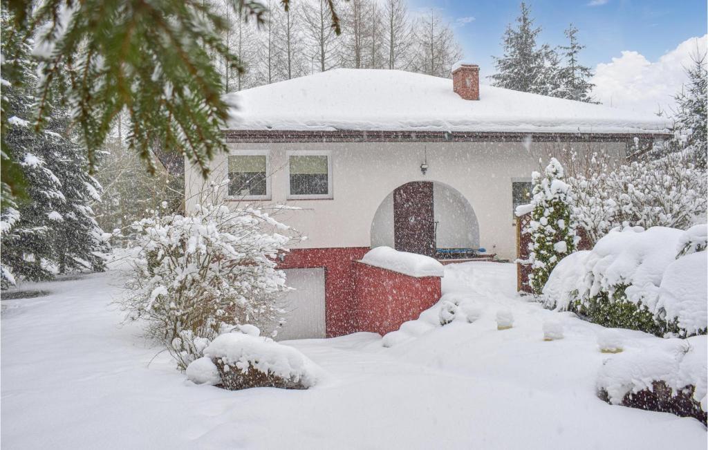 una casa cubierta de nieve con un patio cubierto de nieve en Pet Friendly Home In Sokole Kuznica With Kitchen, en Sokole-Kuźnica