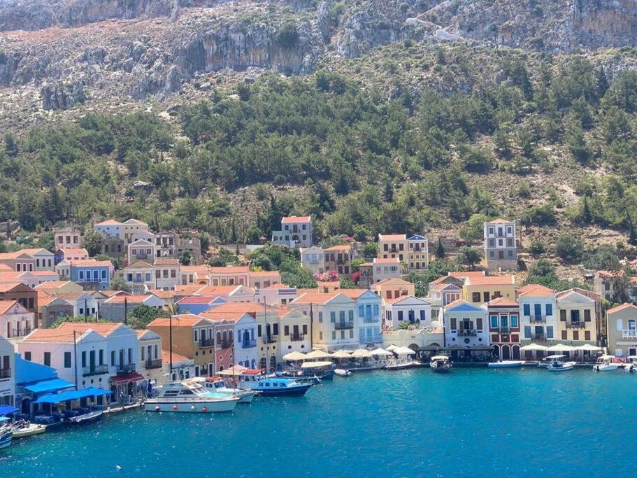 a group of houses on the water with boats at Stunning 4 bedroom villa on Kastellorizo in Meyisti