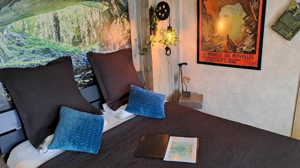 a bed with blue pillows and a book on it at "En Aqualye" chambre privative chez l'habitant in Aywaille