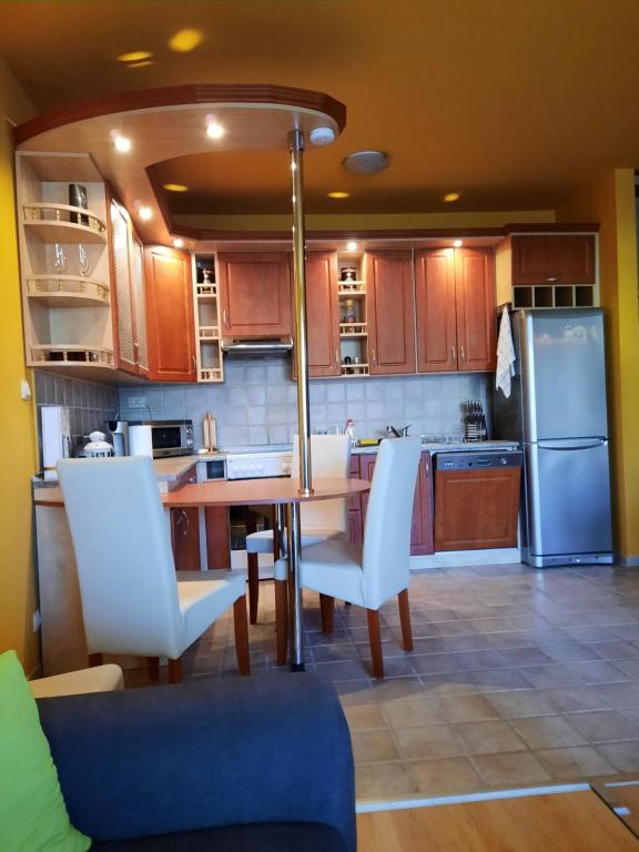 a kitchen with a table and chairs and a refrigerator at Kiss-Füredi Apartman Szeged in Szeged