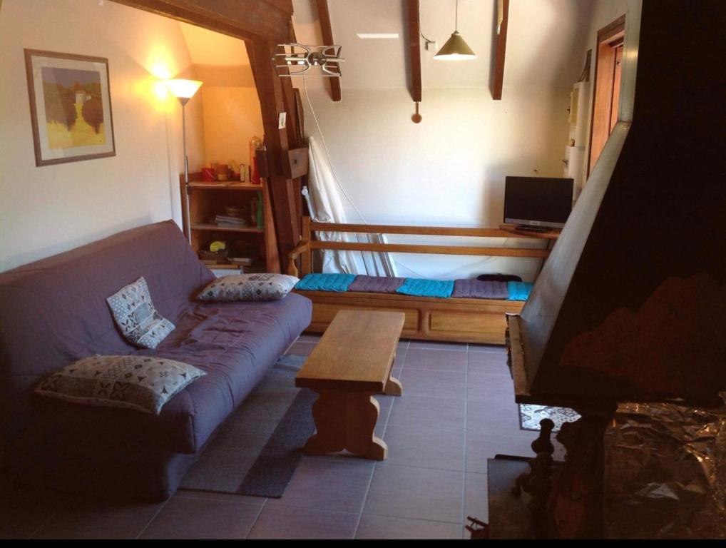 a living room with a couch and a table at Chalet lac de Payolle in Ancizan