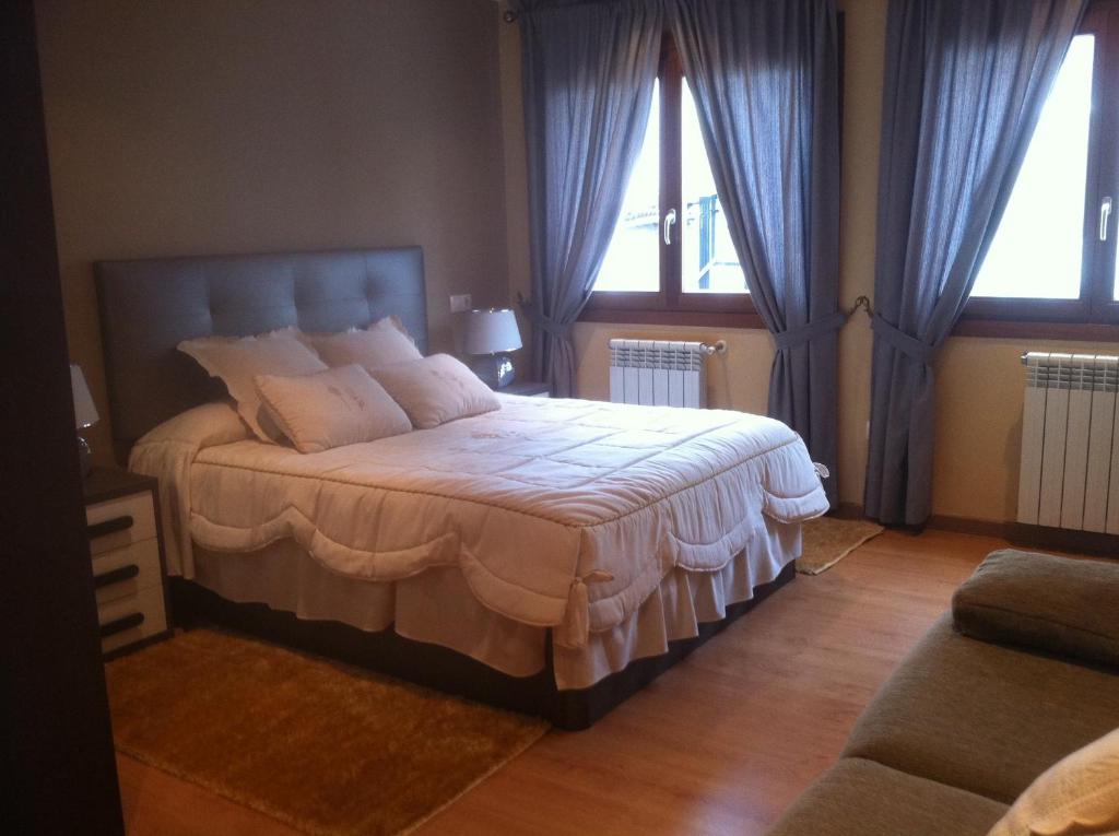 サンティアゴ・デ・コンポステーラにあるAiriños Airesのベッドルーム1室(青いカーテン付きの大型ベッド1台付)