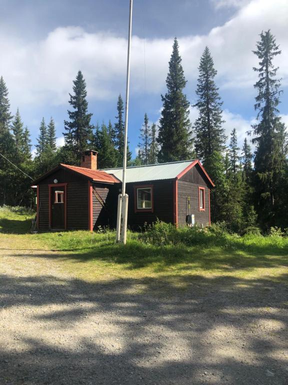 ein kleines Haus mit einer Stange im Gras in der Unterkunft Fjällgården Grövelsjön Lillstugan 