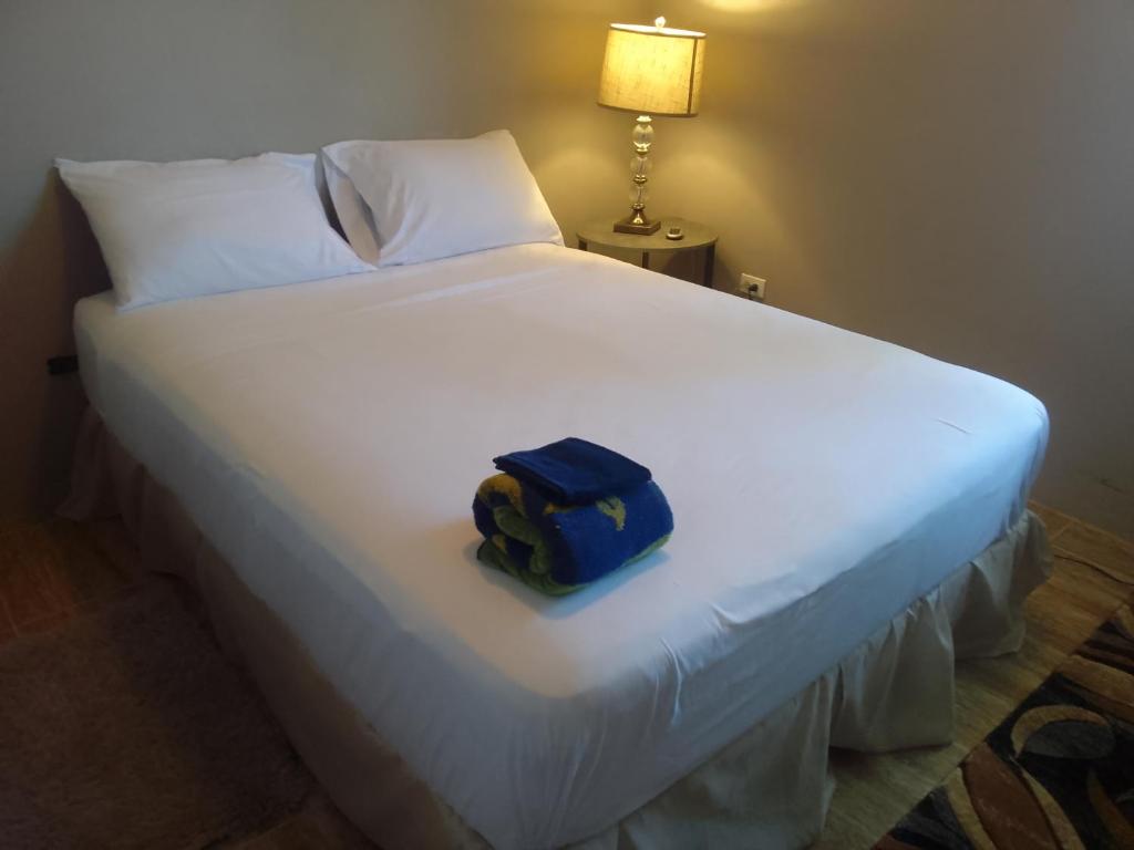 a blue backpack sitting on top of a white bed at Abigail's Splendor -2 Bedroom Entire Apartment in Tortola Island