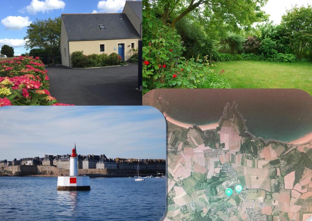 a collage of photos of a house and a lighthouse at Maison de vacances l’Émeraude in Saint-Coulomb