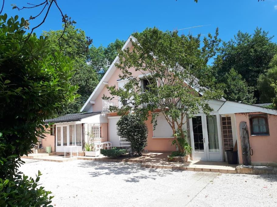 une maison rose et blanche avec des arbres devant elle dans l'établissement Odos Tarbes Très beau T3 avec petite terrasse et pkg, à Odos