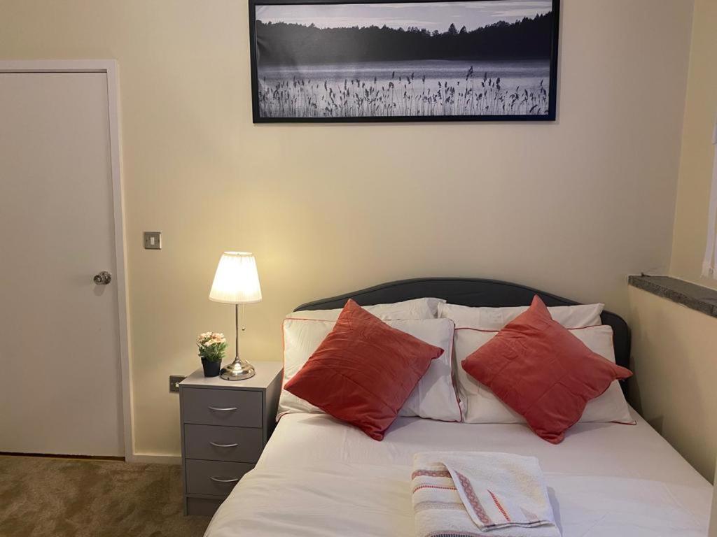 a bed with red pillows and a picture on the wall at Luxury Apartment in Woolwich Arsenal in Woolwich