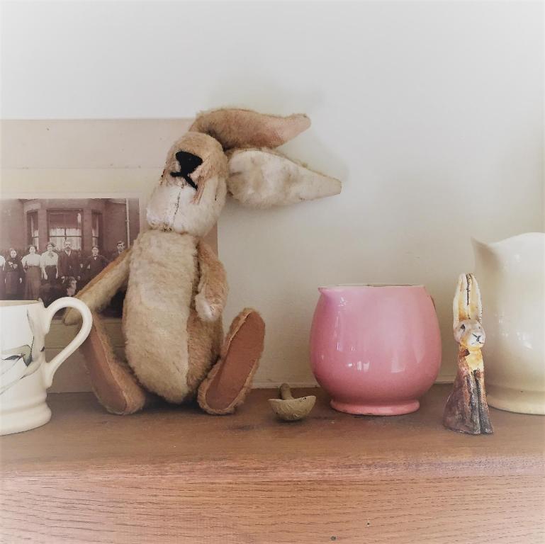 a stuffed rabbit sitting on a shelf next to a pink cup at Meg's Cottage in Taunton
