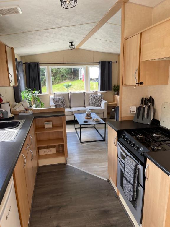 a kitchen and living room of a caravan at Percy Wood Lodge with Hot Tub near Alnwick in Swarland