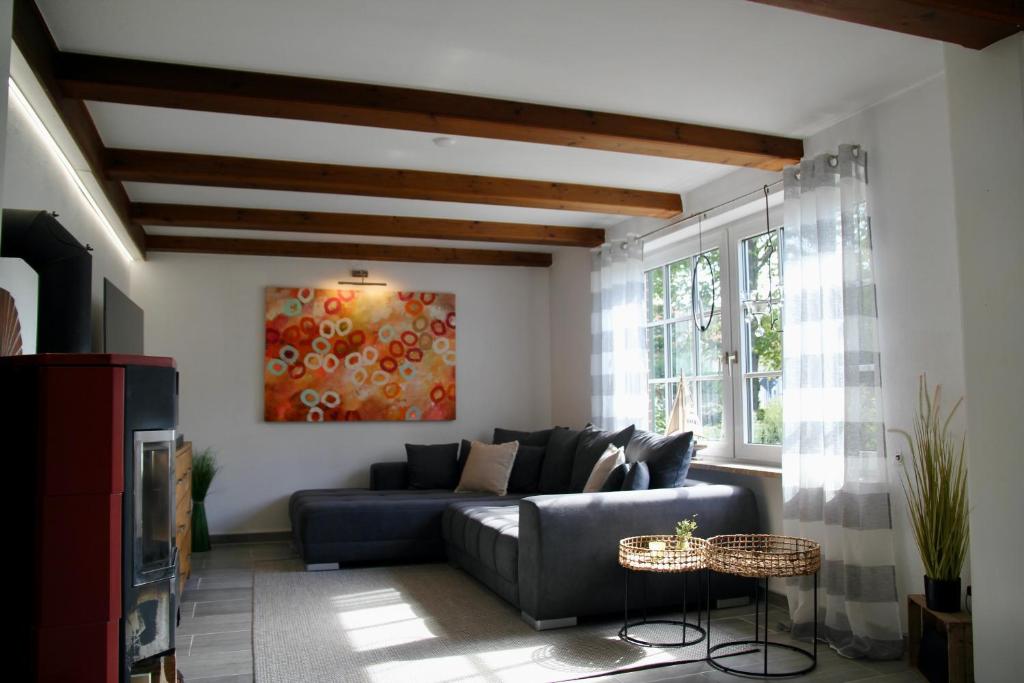ein Wohnzimmer mit einem blauen Sofa und einem Fenster in der Unterkunft Gemütliches Landhaus in Harmsdorf in Harmsdorf