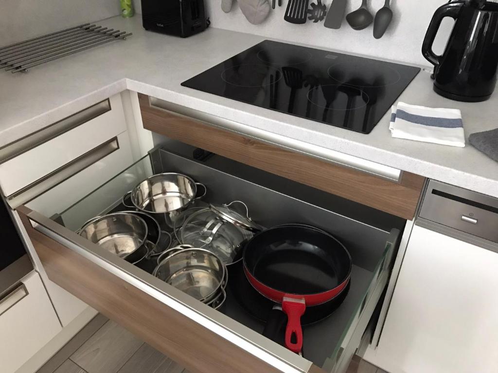 Kuchyň nebo kuchyňský kout v ubytování Příjemný apartmán Křoví v rodinném domku se sdíleným bazénem, terasou a zahradou