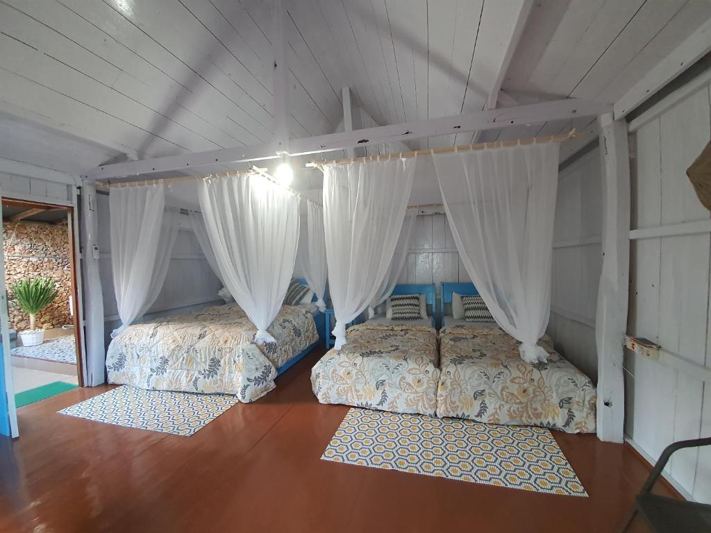 two beds in a room with white drapes at Scuba Republic Beach Bungalows in Bira