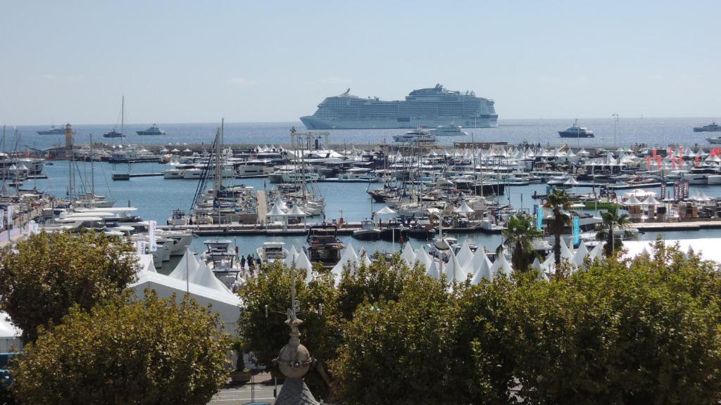 um porto com barcos e um navio de cruzeiro ao fundo em ACCI Cannes Marina em Cannes