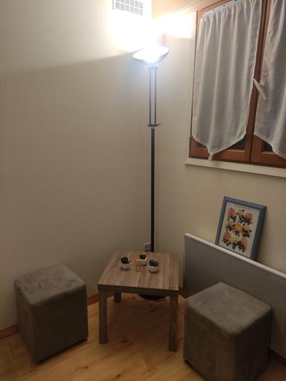 ein Wohnzimmer mit einem Tisch und einer Lampe in der Unterkunft Charmant studio à St Martin Vésubie au calme in Saint-Martin-Vésubie