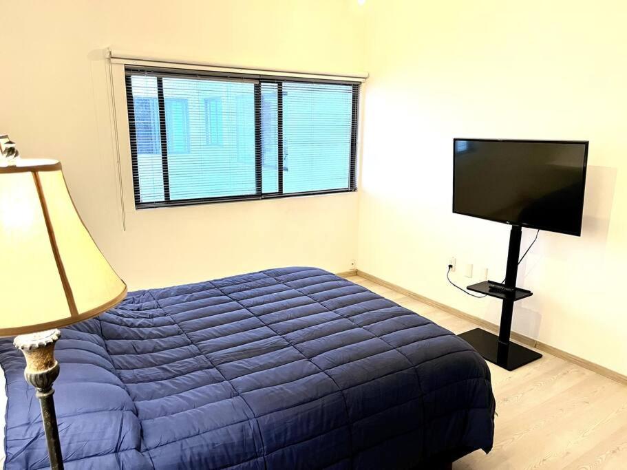a bedroom with a blue bed and a flat screen tv at Apartment in the touristic heart of Mexico City in Mexico City