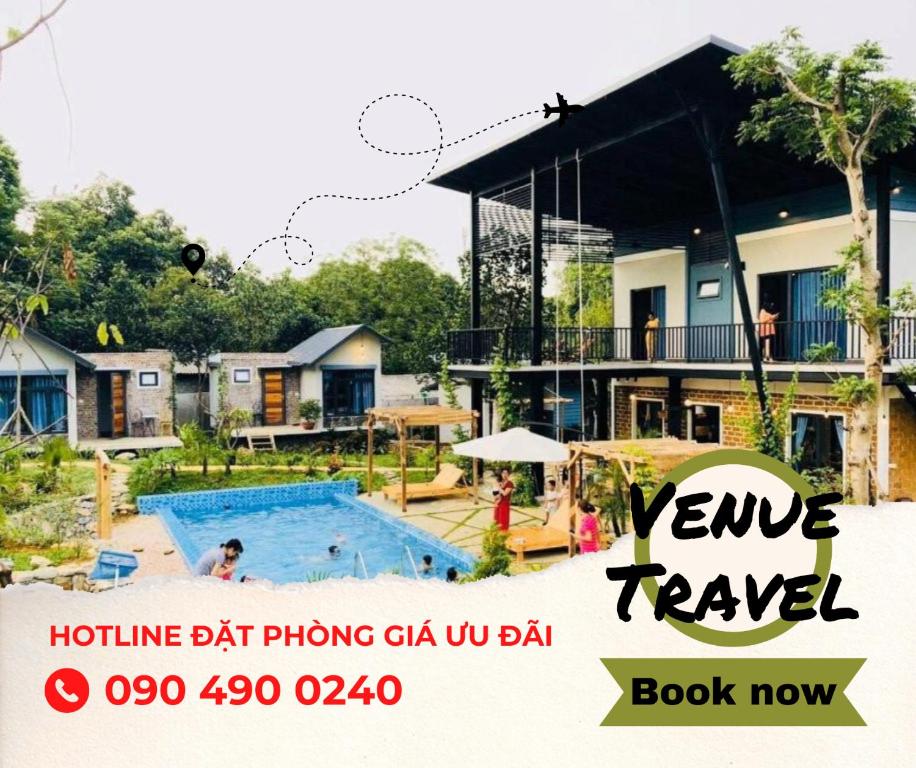 a advertisement for a rental house with a swimming pool at Padme Villas Ba Vì - Venuestay in Hanoi