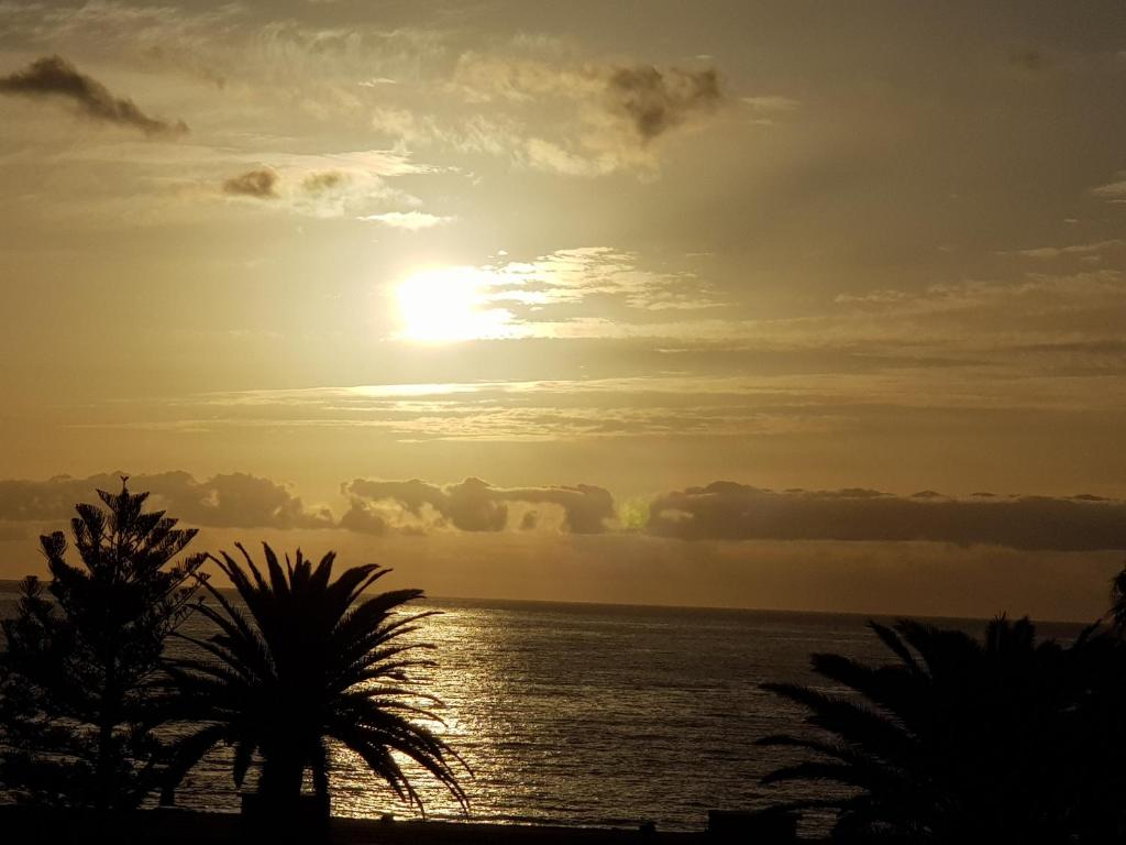 una puesta de sol sobre el océano con palmeras en el primer plano en MAGIC SUN Loft, en Candelaria