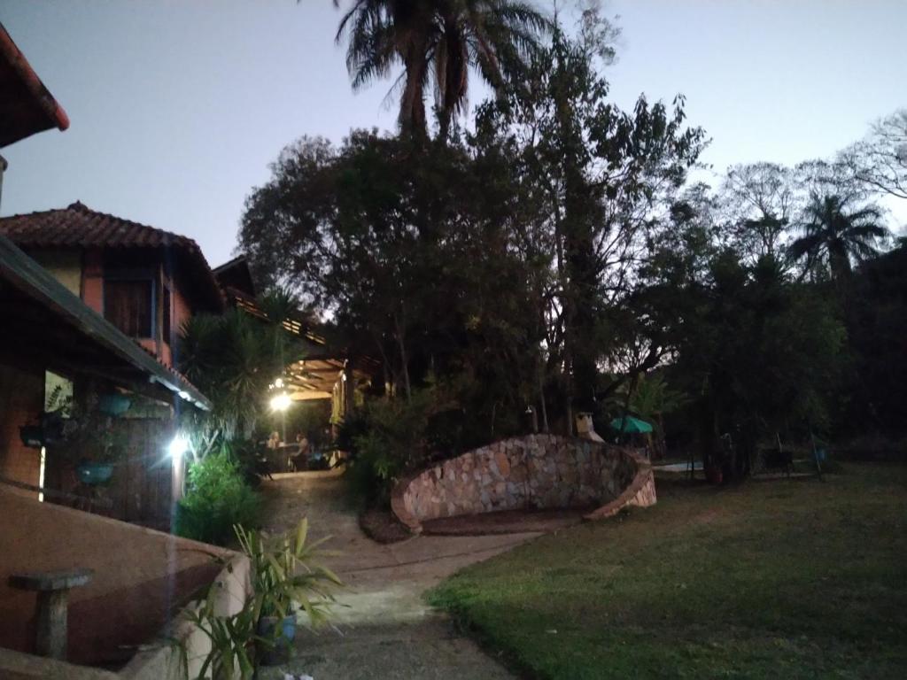a house with a palm tree and a stone wall at Pousada Passaredo in Brumadinho