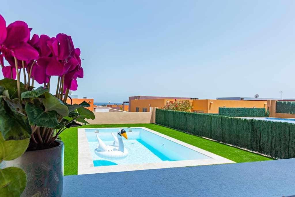 una piscina con un cisne y un jarrón de flores en Villa Sunrise, en La Guirra