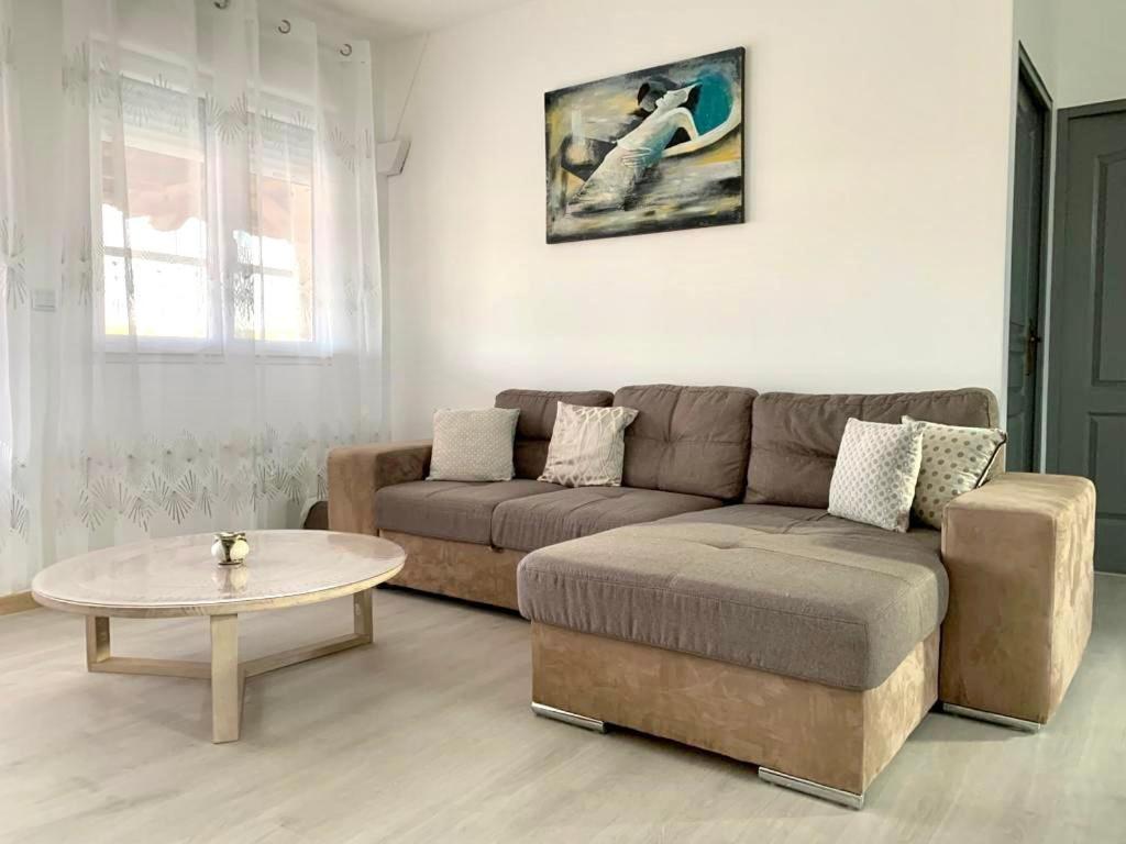salon z kanapą i stolikiem kawowym w obiekcie La coulée verte w mieście Auxerre