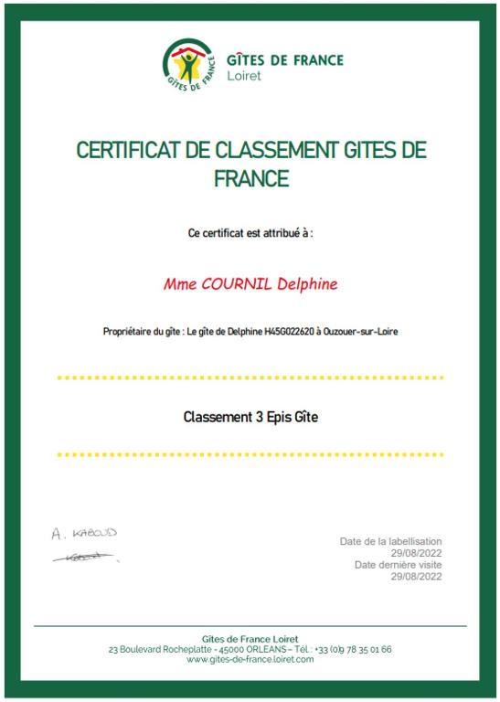 Certifikát, hodnocení, plakát nebo jiný dokument vystavený v ubytování Le gîte de Delphine