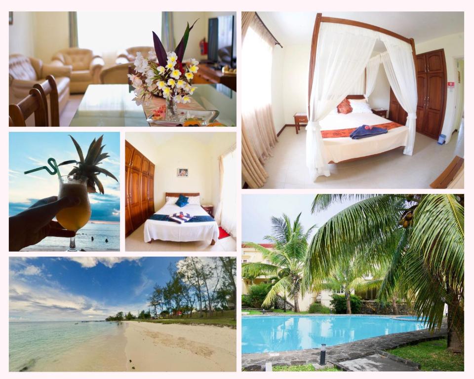 eine Collage mit Fotos eines Resorts mit einem Bett und einem Pool in der Unterkunft Azure Villa in Belle Mare