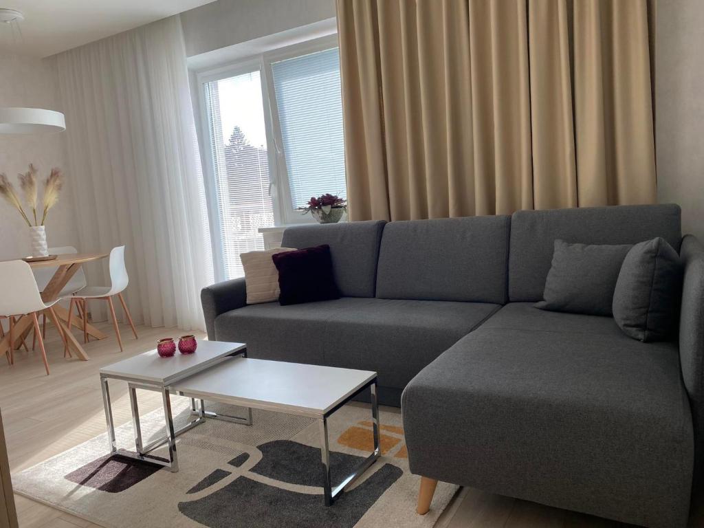 a living room with a couch and a table at Apartman Hestia in Rajecké Teplice