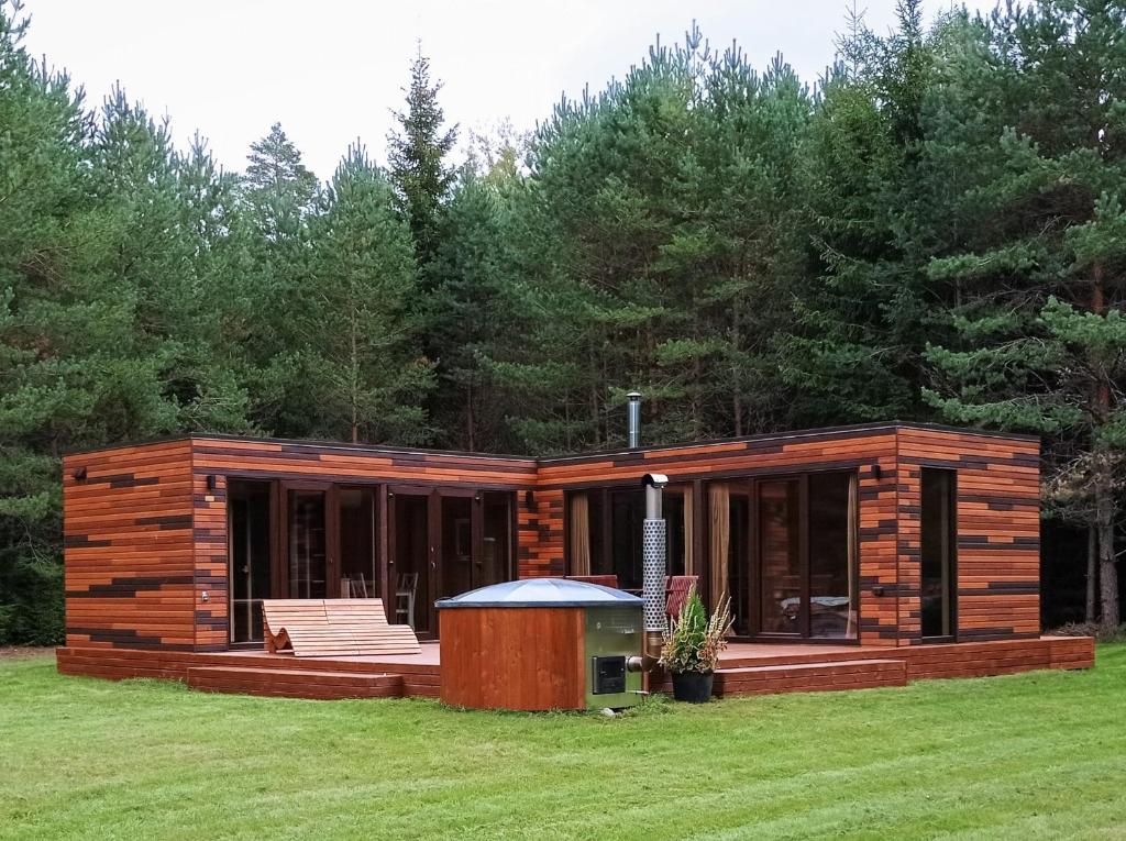 a cabin in the middle of a grass field at Roheluse metsamaja with hot tub and sauna 